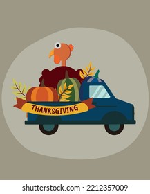  Happy Thanksgiving card of Turkey and Pumpkins in Pickup Truck