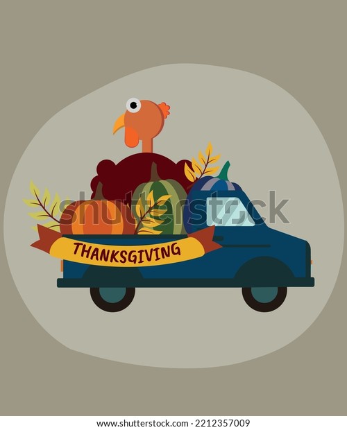  Happy Thanksgiving card of Turkey and Pumpkins in\
Pickup Truck