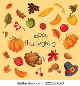 Happy Thanksgiving card with various objects related to thanksgiving event in vector format