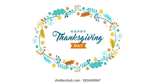 Happy thanksgiving card. Vector banner, greeting card with the text of Happy thanksgiving. Vignette, frame Emblem with autumn leaves, branches and berries. The leaves of oak, ash, green, and orange