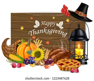 Happy thanksgiving card Vector. Hat, candle, turkey and fruits. 3d detailed symbols illustrations