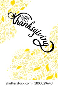 Happy thanksgiving card. Yellow leaves on a white background and calligraphy brush text