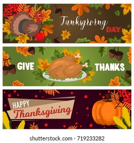 Happy thanksgiving cards celebration banner design cartoon autumn greeting harvest season holiday brochure vector illustration. Traditional food dinner seasonal thanks giving poster.