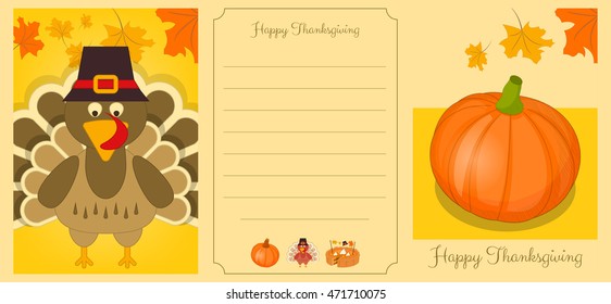 Happy Thanksgiving Cards Set. Cartoon Turkey with Hat and Pumpkin in Vintage Style. Turkey Day. Vector Illustration.