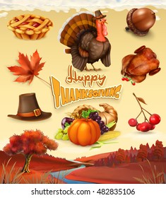 Happy Thanksgiving, cartoon character and objects. 3d vector icon, autumn set