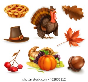 Happy Thanksgiving cartoon character and objects. 3d vector icon set