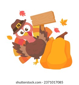 happy thanksgiving cartoon turkey cute and pumpkin in the autumn