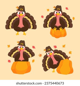 happy thanksgiving cartoon turkey cute and pumpkin in the autumn