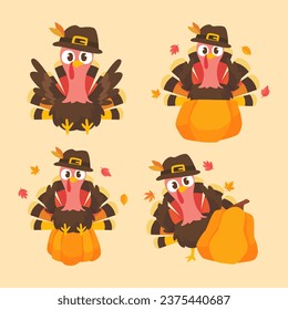 happy thanksgiving cartoon turkey cute and pumpkin in the autumn