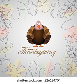 Happy Thanksgiving cartoon turkey with leaves - card vector illustration