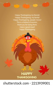 Happy Thanksgiving! Cartoon turkey, vector illustration EDM, DM. Festive greeting card to celebrate holiday. Thank you for having family time together.