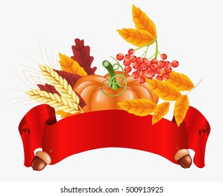 Happy Thanksgiving celebration background. Autumn yellow, orange Pumpkin,  Bright leaves, Rowan Berries, acorns and and red ribbon. Vector illustration for poster, card, banner or flyer.