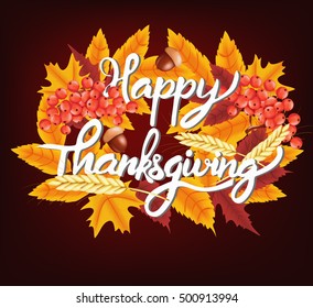 Happy Thanksgiving celebration background. Autumn yellow, orange Pumpkin and Bright leaves, Rowan Berries, acorns. Vector illustration for poster, card, banner or flyer.