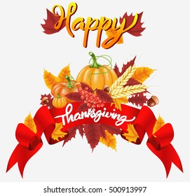 Happy Thanksgiving celebration background. Autumn yellow, orange Pumpkin,  Bright leaves, Rowan Berries, acorns and red ribbon. Vector illustration for poster, card, banner or flyer.