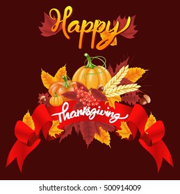 Happy Thanksgiving celebration background. Autumn yellow, orange Pumpkin,  Bright leaves, Rowan Berries, acorns and and red ribbon. Vector illustration for poster, card, banner or flyer.