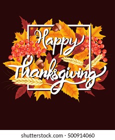 Happy Thanksgiving celebration background. Autumn yellow, orange Pumpkin and Bright leaves, Rowan Berries, acorns. Vector illustration for poster, card, banner or flyer.