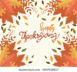 happy thanksgiving celebration card with lettering and leafs vector illustration design