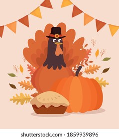 happy thanksgiving celebration card with turkey and pie vector illustration design