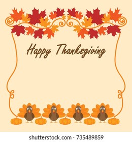 Happy Thanksgiving celebration card with turkey bird, pumpkins and maple leaves. Vector illustration
