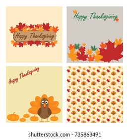 Happy Thanksgiving celebration card with turkey bird, pumpkins and maple leaves. Vector illustration
