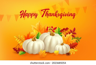 Happy Thanksgiving celebration card with white pumpkins and autumn leaves. Autumn festival invitation. Fall party template. Postcard or banner. 3d realistic vector illustration.
