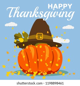 Happy Thanksgiving Celebration with Cartoon Pumpkin and Autumn Leaves. Vector, Illustration, Design, Baner, Poster