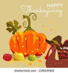 Happy Thanksgiving Celebration with Cartoon Turkey, Pumpkin and Autumn Leaves. Vector, Illustration, Design, Baner, Poster