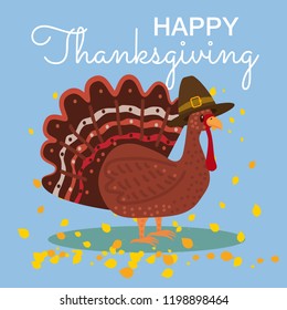 Happy Thanksgiving Celebration with Cartoon Turkey and Autumn Leaves. Vector, Illustration, Design, Baner, Poster