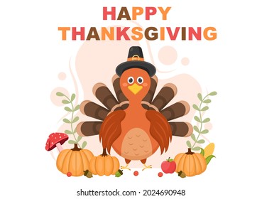 Happy Thanksgiving Celebration with Cartoon Turkey, Leaves, Chicken, Pumpkin and Other For Decoration or Background Vector Illustration