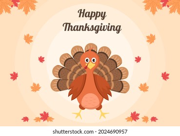 Happy Thanksgiving Celebration with Cartoon Turkey, Leaves, Chicken, Pumpkin and Other For Decoration or Background Vector Illustration