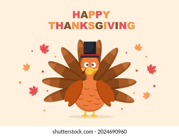 Happy Thanksgiving Celebration with Cartoon Turkey, Leaves, Chicken, Pumpkin and Other For Decoration or Background Vector Illustration