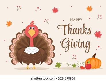 Fröhliche Thanksgiving-Feier mit Cartoon Türkei, Blättern, Huhn, Kürbis und anderen für Dekoration oder Hintergrund Vektorgrafik