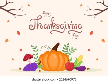 Happy Thanksgiving Celebration with Cartoon Turkey, Leaves, Chicken, Pumpkin and Other For Decoration or Background Vector Illustration