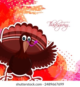 Happy Thanksgiving Celebration Concept mit niedlichen Cartoon Türkei Vogel auf Red Splash Abstrakten Hintergrund.