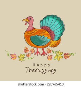Happy Thanksgiving celebration concept with floral decorated turkey bird with maple leaves on abstract background.