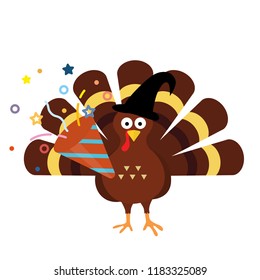 Happy thanksgiving celebration with confetti popper icon. Thanksgiving turkey cartoon. Vector illustration flat design isolated on white background