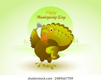 Glückliche Thanksgiving Feier mit niedlichen Cartoon Türkei Vogel Holding Gabel Löffel für Fertiggerichte in der Natur Hintergrund.