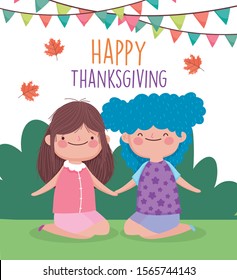 happy thanksgiving celebration cute girls in the park leaves fall vector illustration