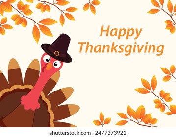 Happy Thanksgiving Celebration Design with Cartoon Turkey and Autumn Leaves