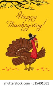 Happy Thanksgiving Celebration Design with Cartoon Turkey. Vector Illustration