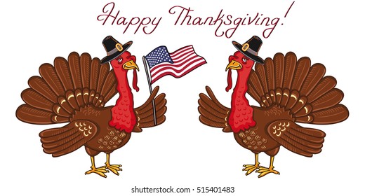 Happy Thanksgiving Celebration Design with Cartoon Turkey. Design elements for Thanksgiving. Vector 