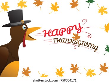 Happy Thanksgiving Celebration Design with Cartoon Turkey and Autumn Leaves. 
Vector Illustration