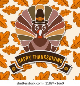 Happy Thanksgiving Celebration Design with turkey and autumn leaves. Vector Illustration