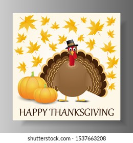 Happy Thanksgiving celebration design with turkey and pumpkin. Vector illustration.