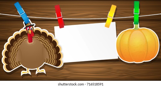 Happy Thanksgiving celebration design with turkey and pumpkin. Vector illustration.