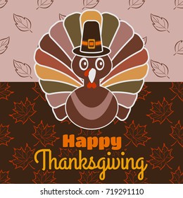 Happy Thanksgiving celebration design with turkey in pilgrim hat. Vector illustration.