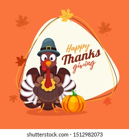 Happy Thanksgiving celebration greeting card design with turkey bird and pumpkin on orange background.