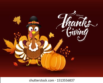 Happy Thanksgiving celebration greeting card design with illustration of turkey wearing pilgrim hat and pumpkin on brown background.