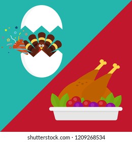 Happy thanksgiving celebration icon. Baked turkey. Traditional food with fruits and vegetables. Vector illustration flat design isolated on white background