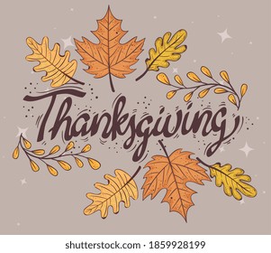 happy thanksgiving celebration lettering card with leafs dry vector illustration design